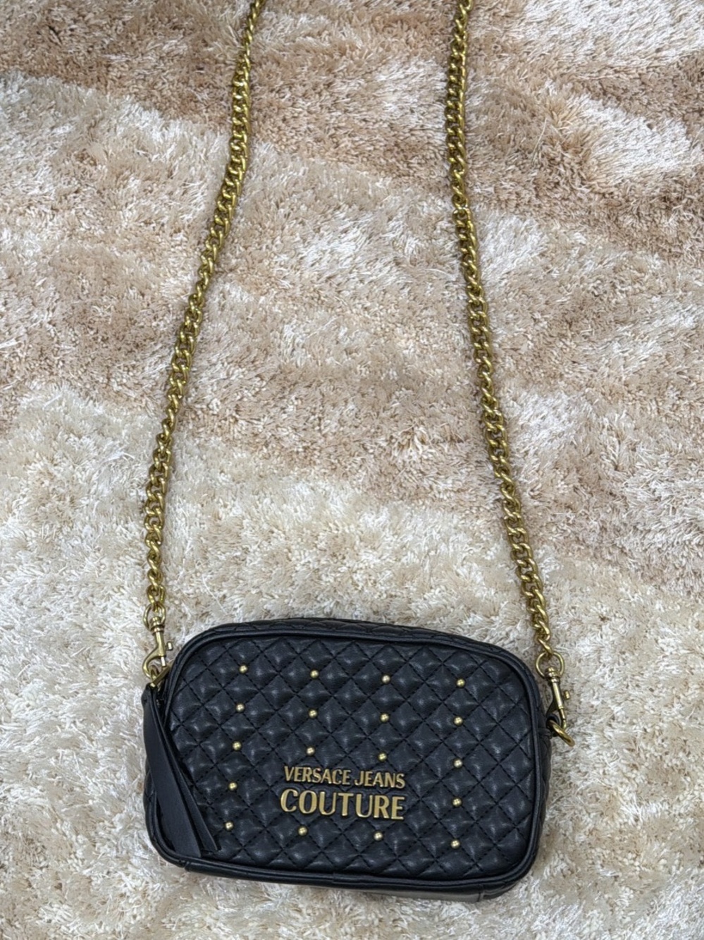 Versace Jeans Collection Black Quilted Crossbody with Gold Chain Strap